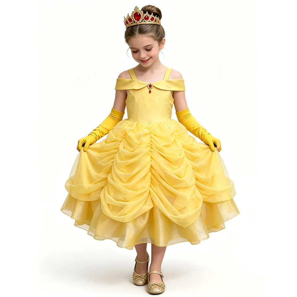 Gorgeous Girls Beauty Beast Princess Belle Dress Up Carnival Kids Ball Gown Halloween Cosplay Birthday Party Children's Costume