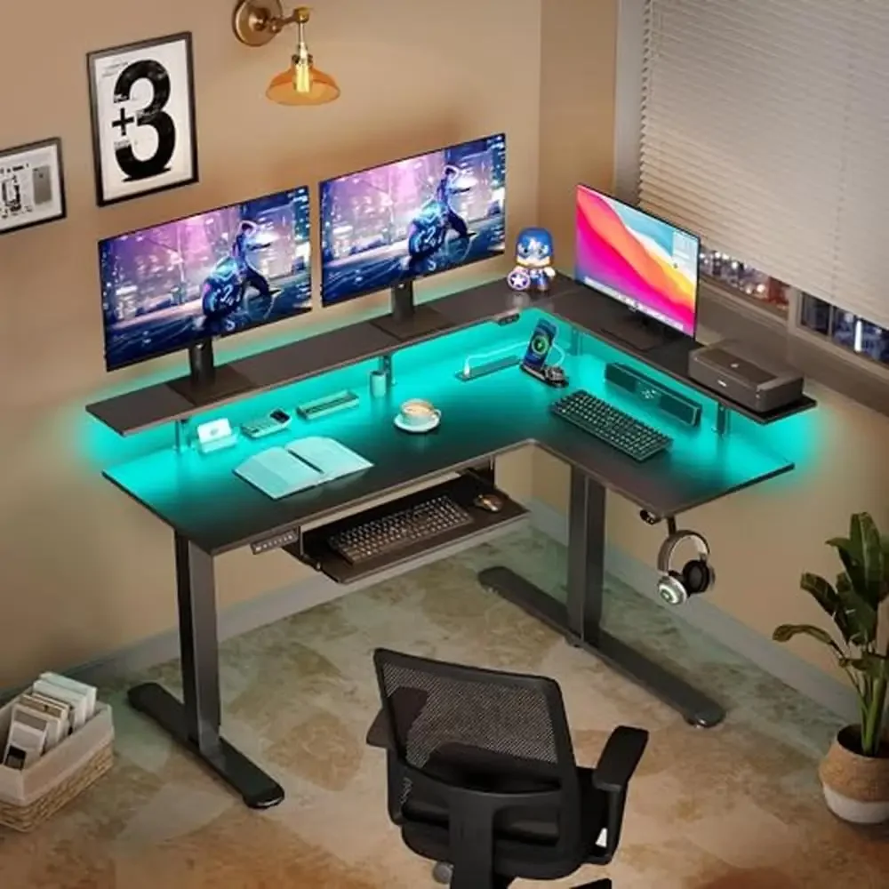 Electric L Shaped Standing Desk with RGB LED Light & Power Outlets Dual Motor Height Adjustable Desk Monitor Stand & Shelf