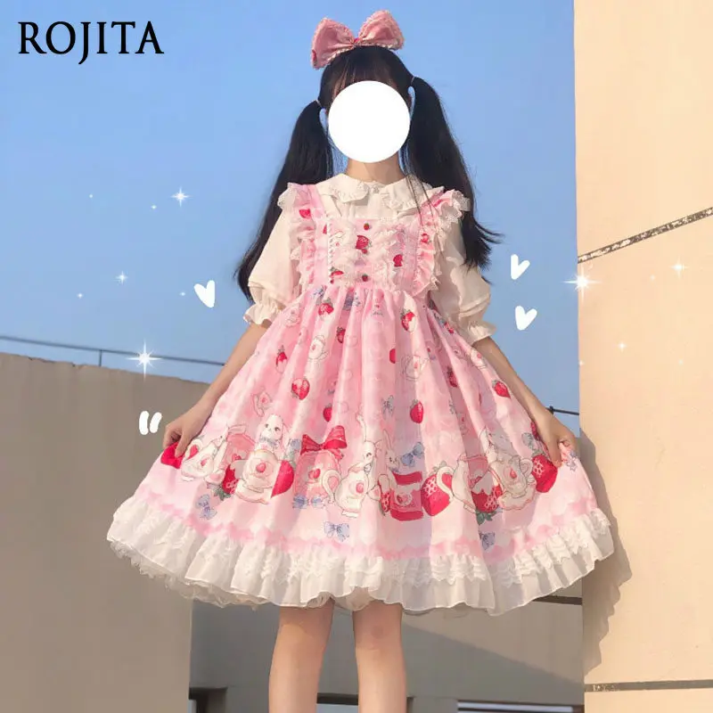 

Cartoon Rabbit Lolita Dress Set for Girls 2026 Summer New JSK Red Strap Dress with White Shirt Top and Headpiece