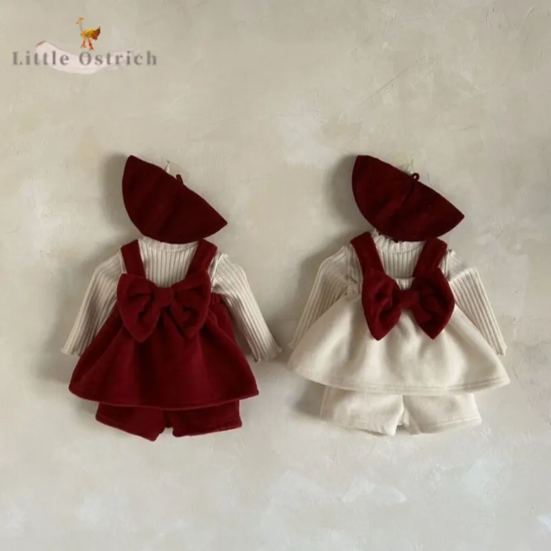 Newborn Baby Girl Peter Pan Collar Fleece Shirt Suspender Dress Shorts Infant Toddler Child Cotton Pullover Baby Clothes 3M-3Y