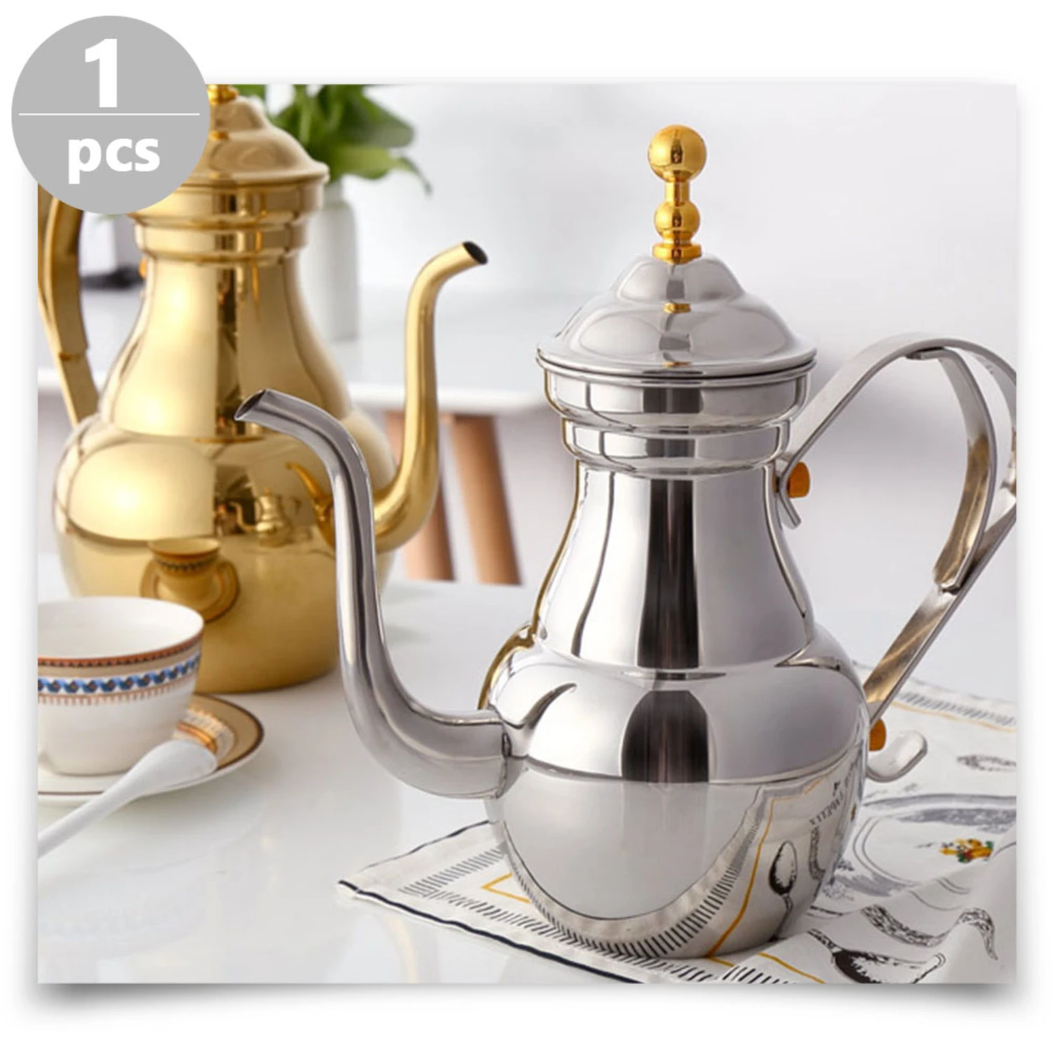 Elegant, Stylish, Exquisite Stainless Steel Middle Eastern Teapot with Sliver and Gold Finish by Maryana - Gooseneck Pour Over C