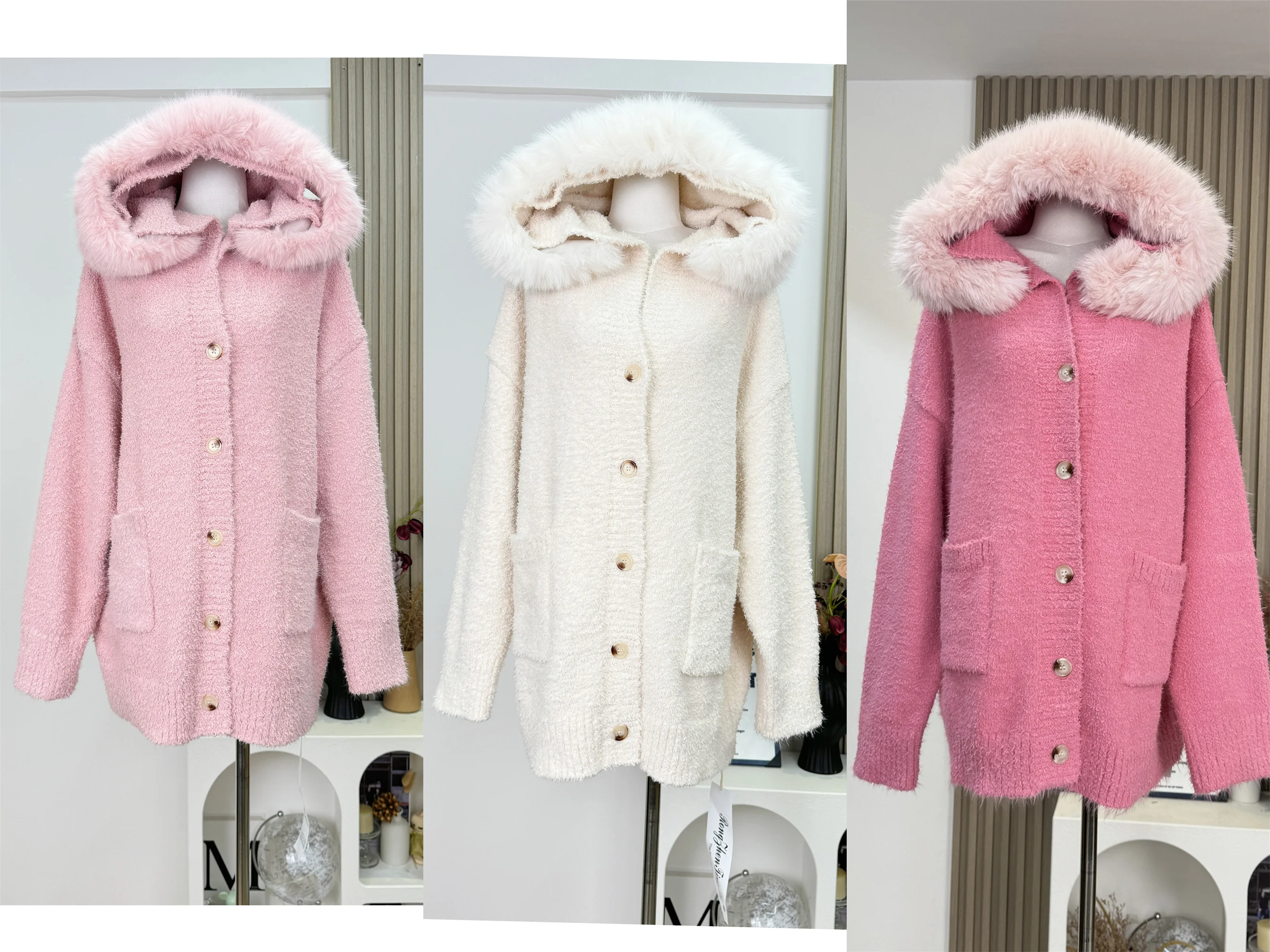 

Soft Thick Pink Fur Hooded Loose Sweater Outerwear Women's Autumn Winter Fashion Casual Knitted Long Sleeve Warm Coat C209