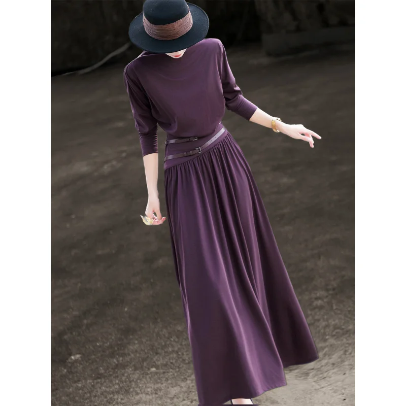 

MEXCOCO 2026 New Spring Elegant Draped Mock Neck Long Sleeve Double Belted Waist Pleated Fake Two Piece Mulberry Silk Maxi Dress