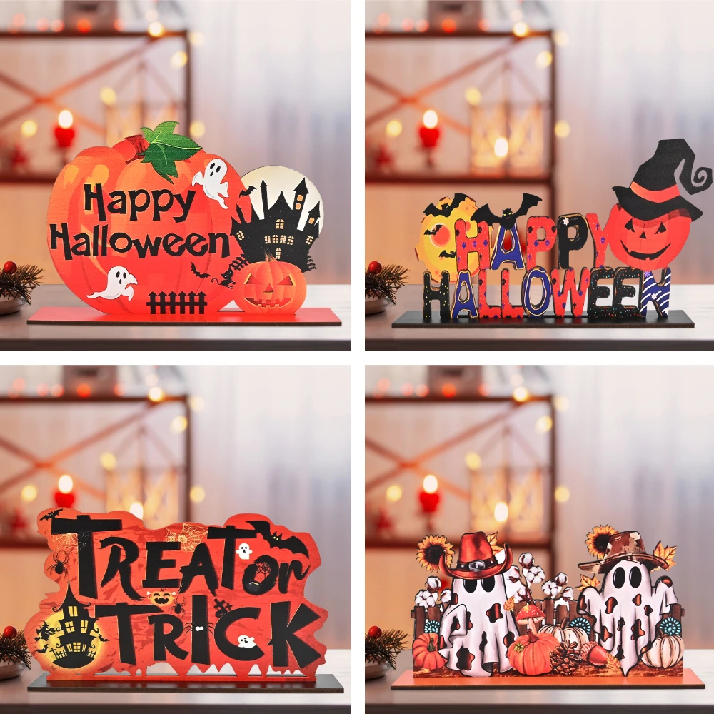 1 pz, Halloween Treat o Trick ornamento da tavolo con giunture in legno, decorazioni per la casa, forniture per decorazioni per feste, artigianato