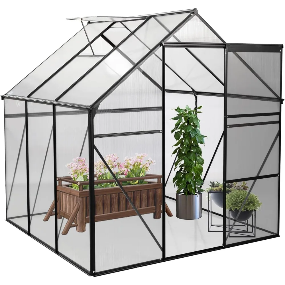 6x6 Ft Polycarbonate Greenhouse Kit,  Backyard Garden Hobby Greenhouse，Anchor Green House with Doors & Window，Walk in Greenhouse