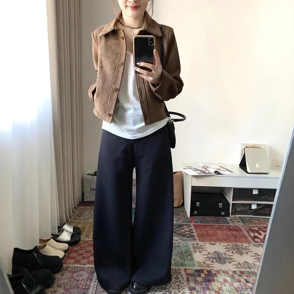 Giacca corta in pelle scamosciata da donna, vestibilità ampia e sottile, autunno inverno, nuovo stile vintage, bottoni, moda casual, top coat alla moda sexy