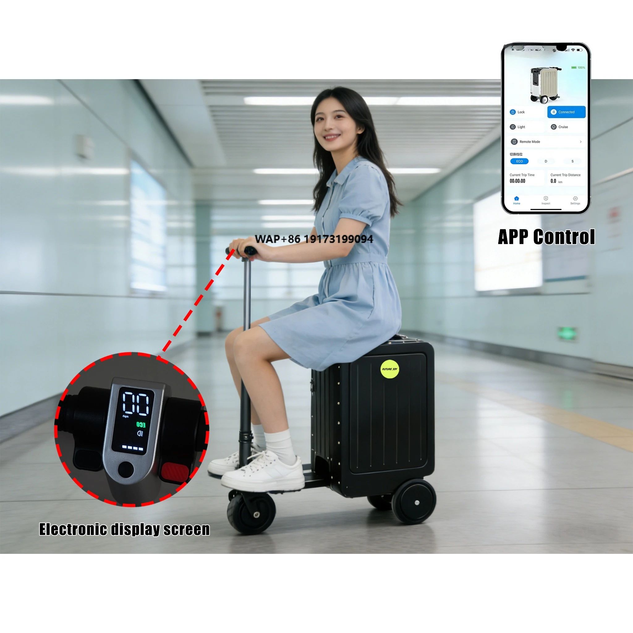 Customizable 20 Inch Electric Riding Luggage: Smart Aluminum Carry-On with Rotating Wheels
