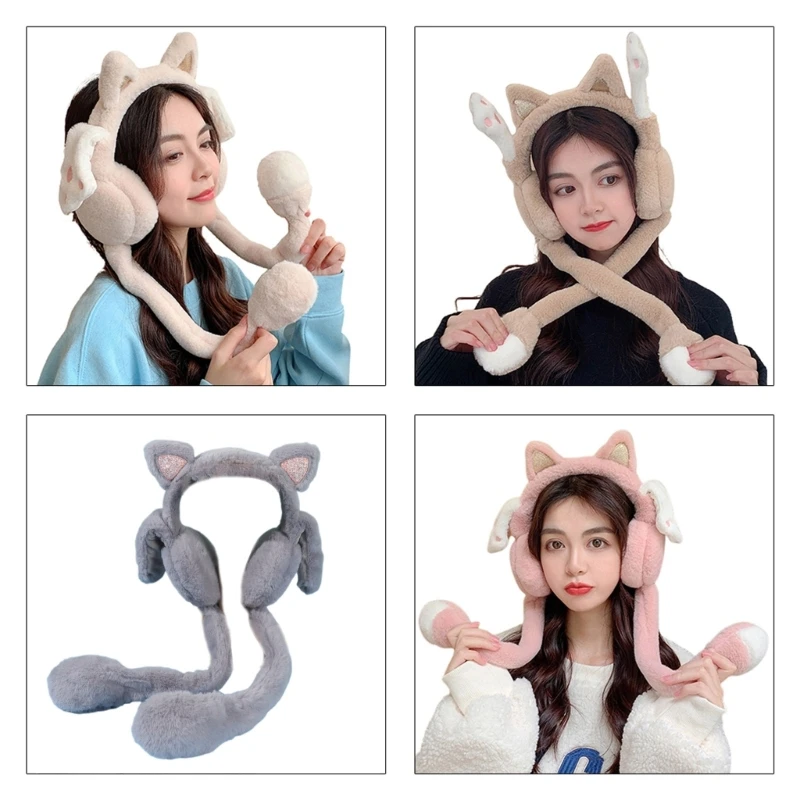 

Winter Earmuffs Girls Floppy Ear Hat Moving Ears Kids Earflaps Jumping for Cat C