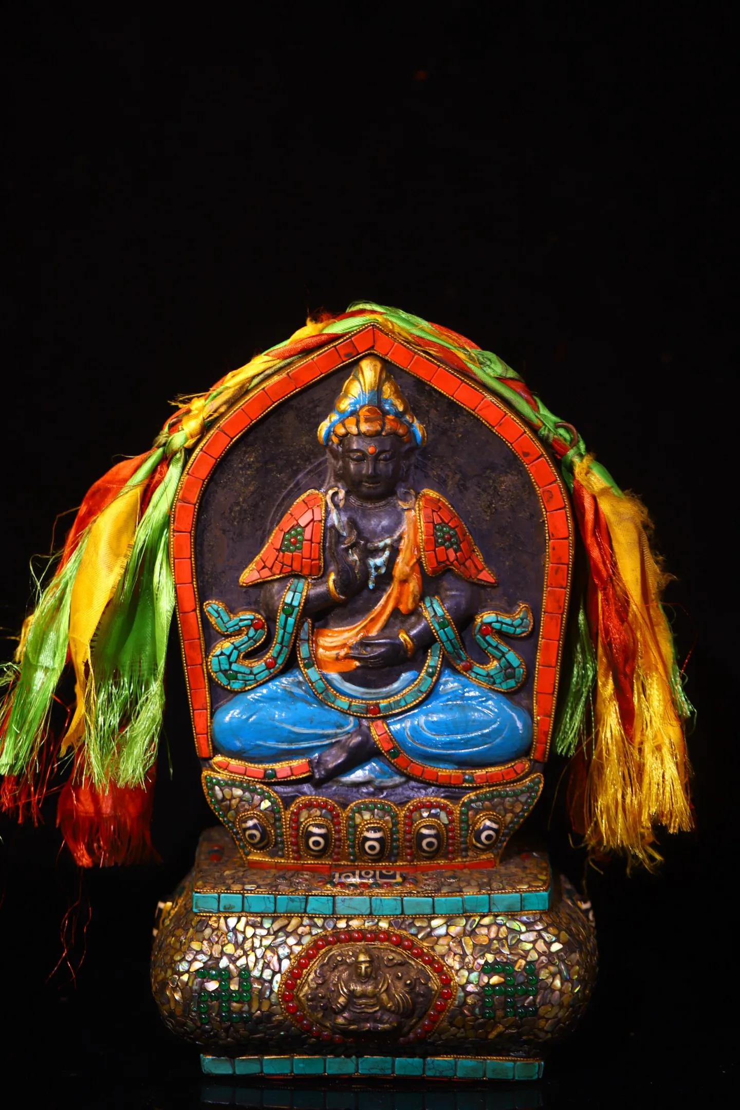 Old Folk Meteorite Painted Mosaic Gem gZi Beads Shell Turquoise Guanyin Bodhisattva Buddha Buddha Plaque Buddhist Niche Base