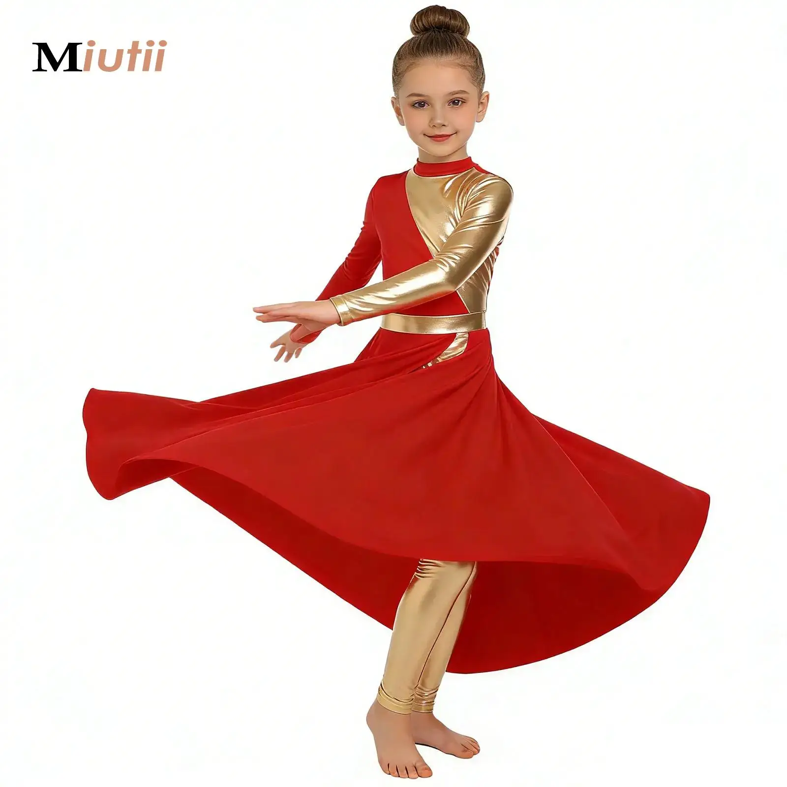 

Big Girls Liturgical Praise Dance Dress Long Sleeve Metallic Worship Dress with Pants Church Choir Performance Waltz Dancewear