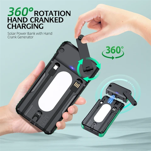 Ручная рукоятка Solar Power Bank 20000, водонепроницаемое портативное зарядное устройство Powerbank для iPhone, Samsung, Huawei, Xiaomi, внешняя запасная батарея