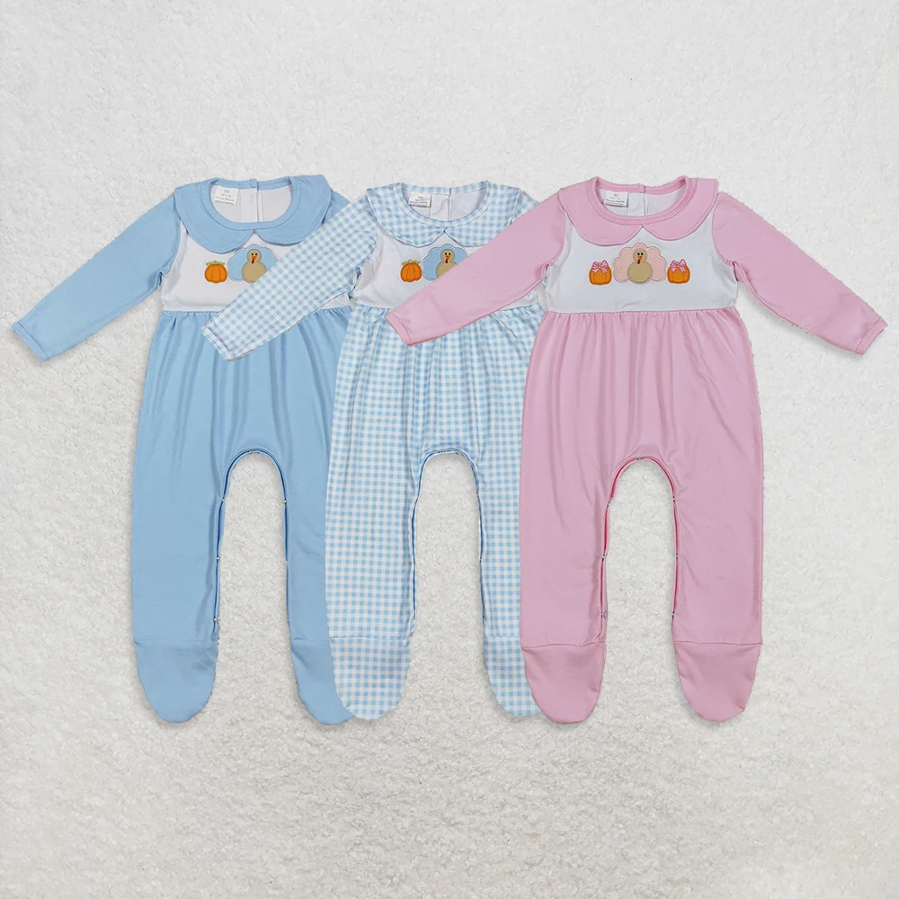 

Sibling Baby Girls Thanksgiving Footed Rompers Embroidery Pumpkins Turkey Design Infant Fall Clothing Pink