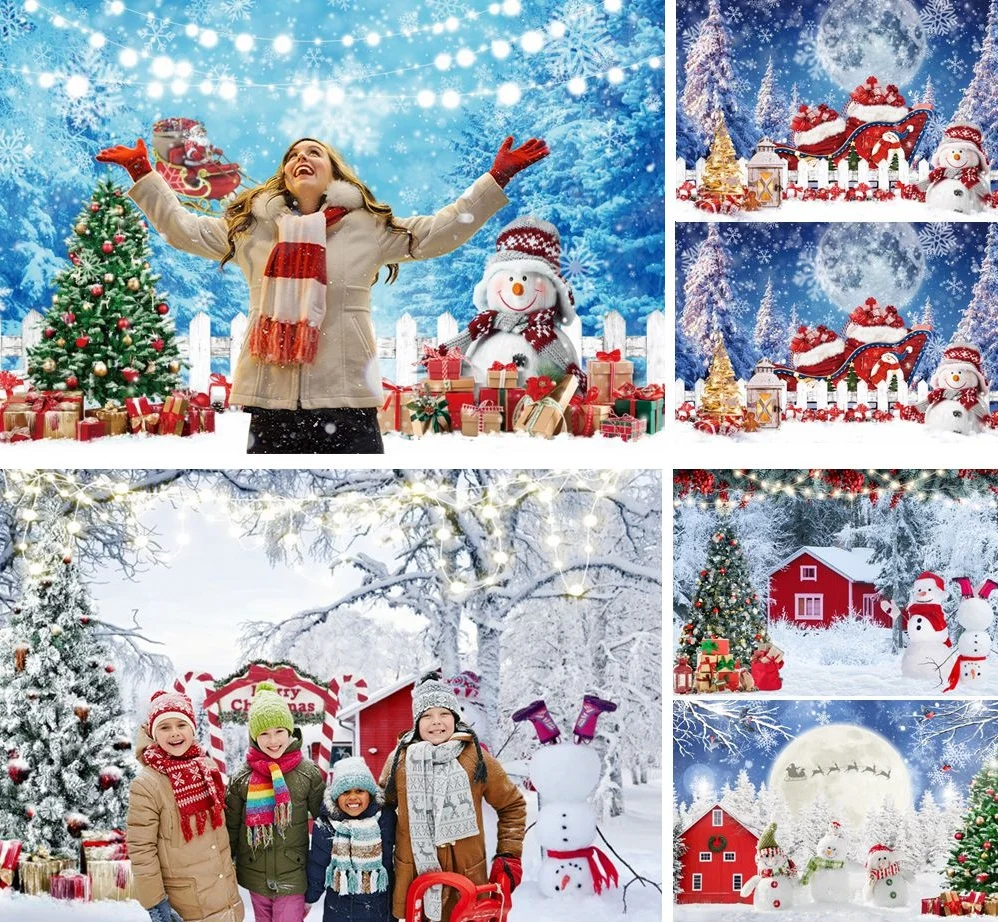 

Winter Christmas Backdrop Outdoor Snowfield Snowman Xmas Tree Reindeer Sled Kids Portrait Photography Background Photo Studio