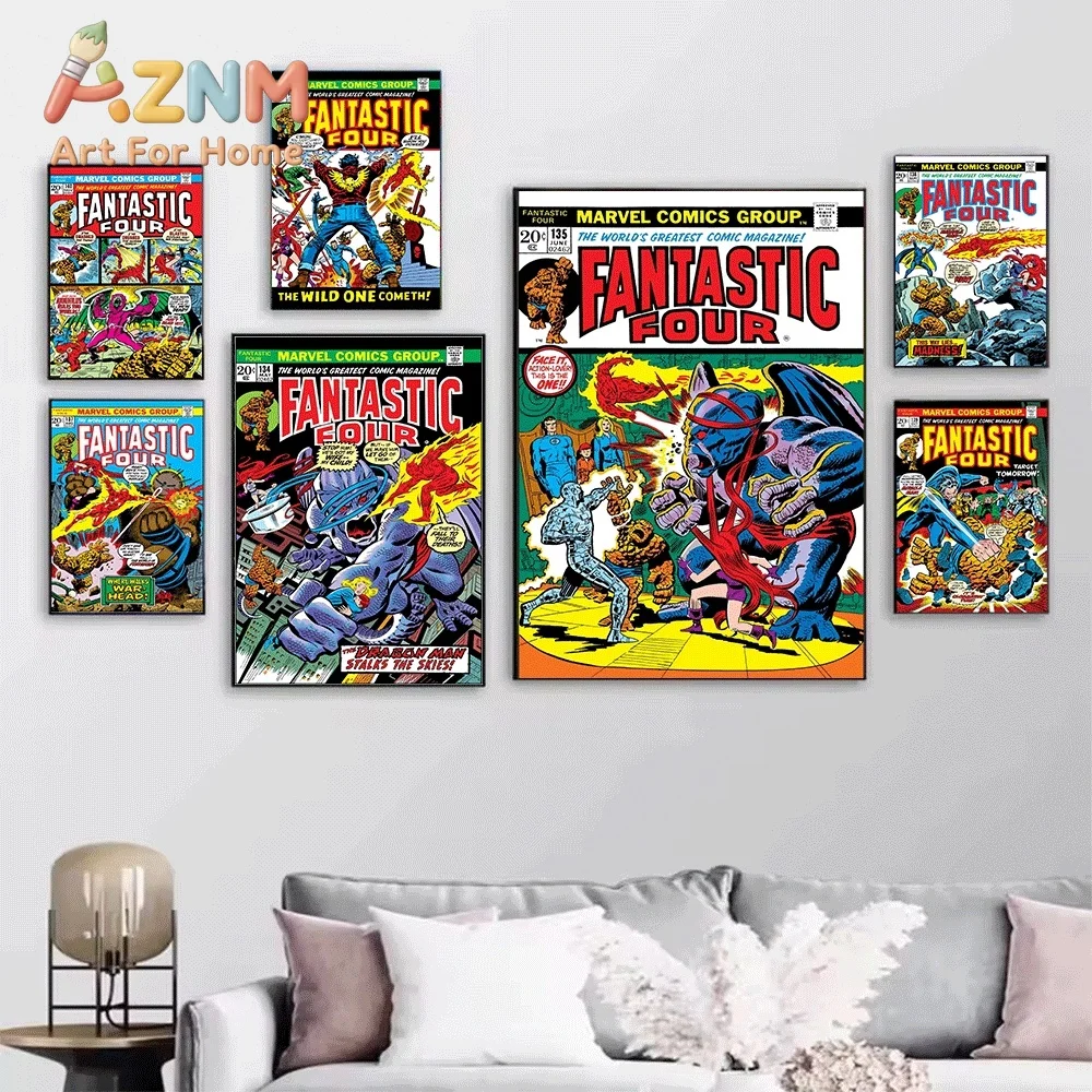 AZNM Fantastic Four The Human Torch Goes Wild Vintage Comic Cover Collage Canvas Wall Art Unframed Print, Superhero Poster for
