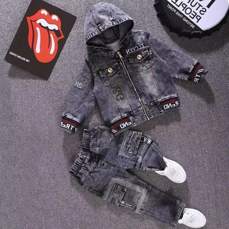 2025 Girl Spring Autumn Children Boy 2PCS Clothing Set Cotton Hoodied Denim Coat +Solid Jeans Pants Baby Boys Outfits