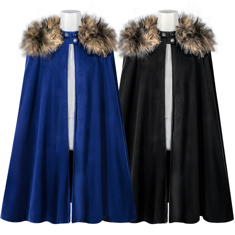 Halloween Woolen Cape Retro Fur Collar Steampunk Shawl Cosplay Cloak Jacket Medieval Cloak for Men&Women Cosplay Costumes