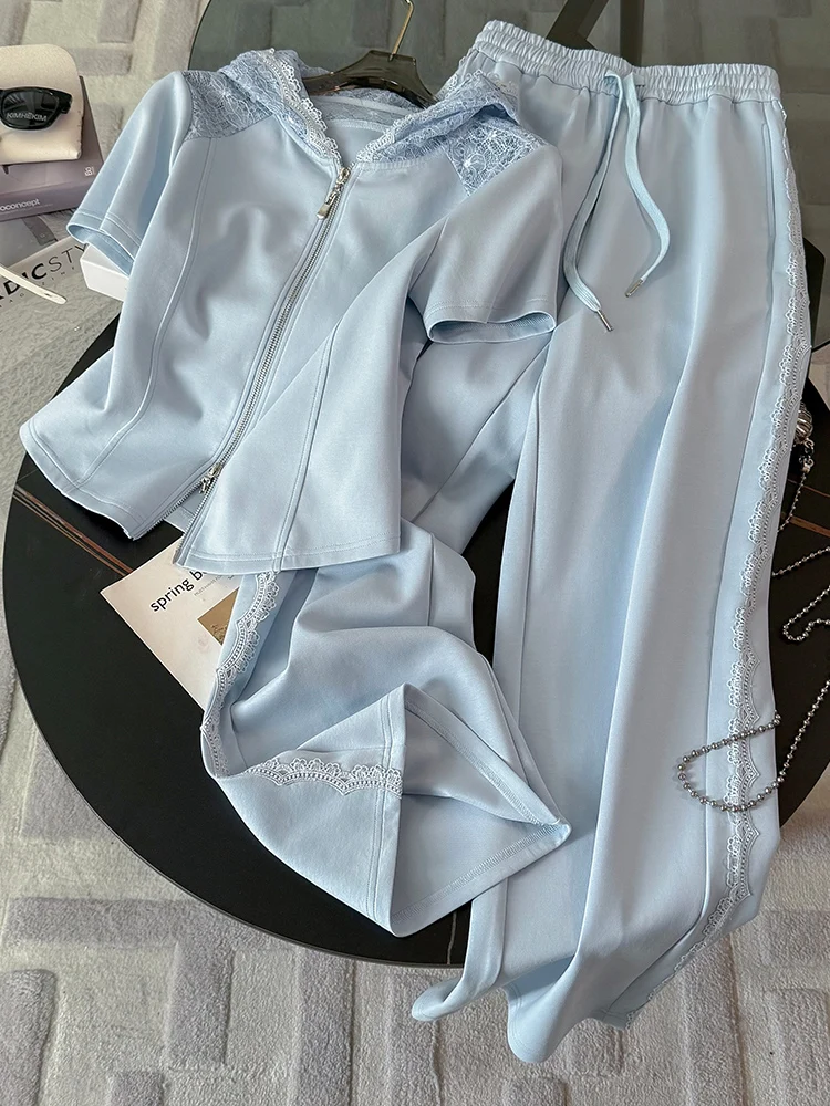 

Fashionable Blue Casual Sports Set Women Summer Trendy Lace Trim Wide Leg Pants Short Sleeve Top Two Piece Set Cotton Blend