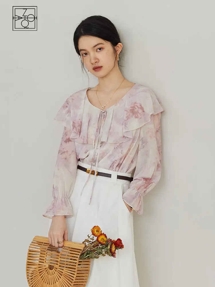 ZIQIAO Tie-dye Pink Summer New Women Chiffon Shirt V-Neck Ruffle Design Long-Sleeve Thin Blouses Office Lady Loose Women Tops