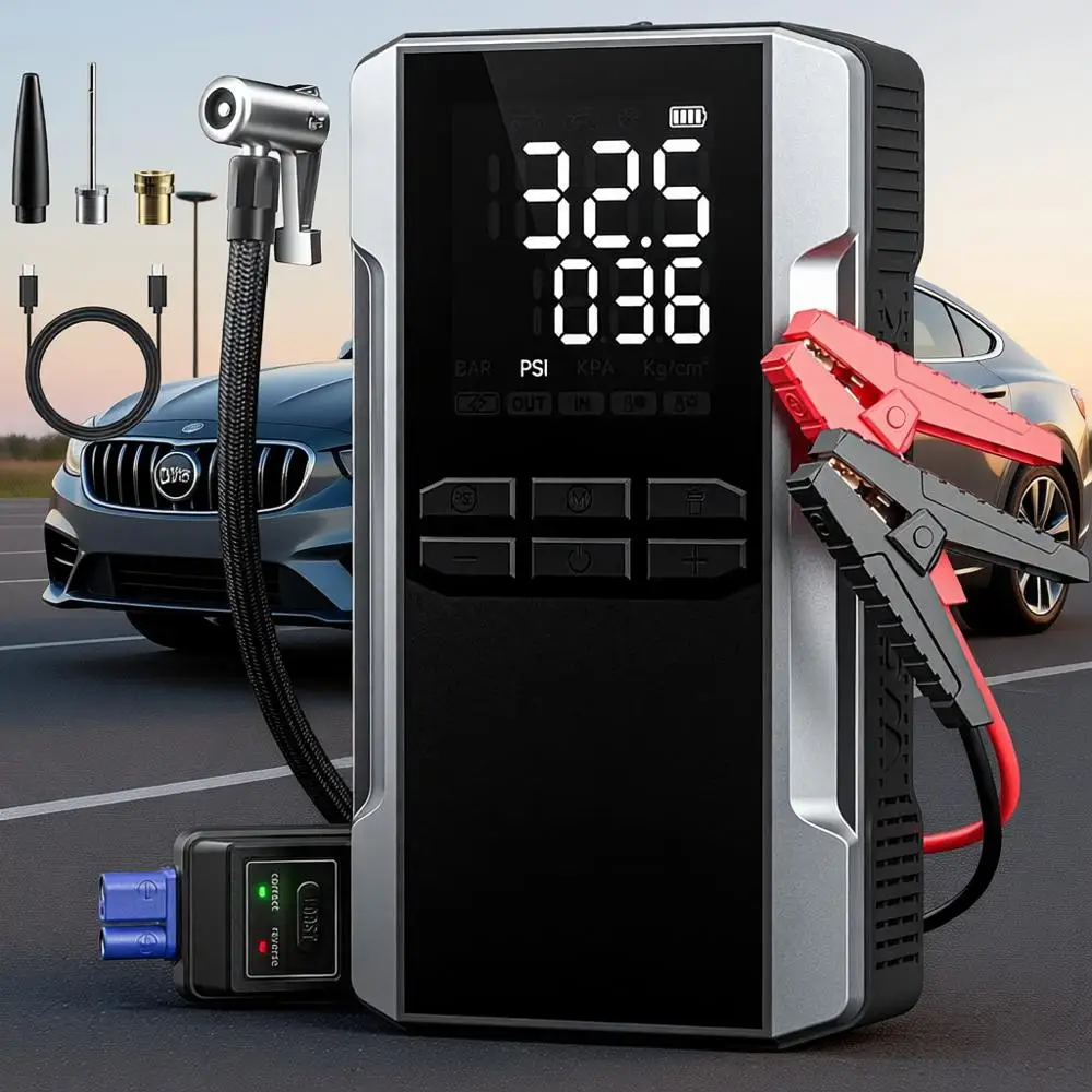 

Jump Starter with 160PSI Air Compressor, 12V Battery Booster, 65W Fast Charger, Portable Tire Inflation, LED Display, LED Light,