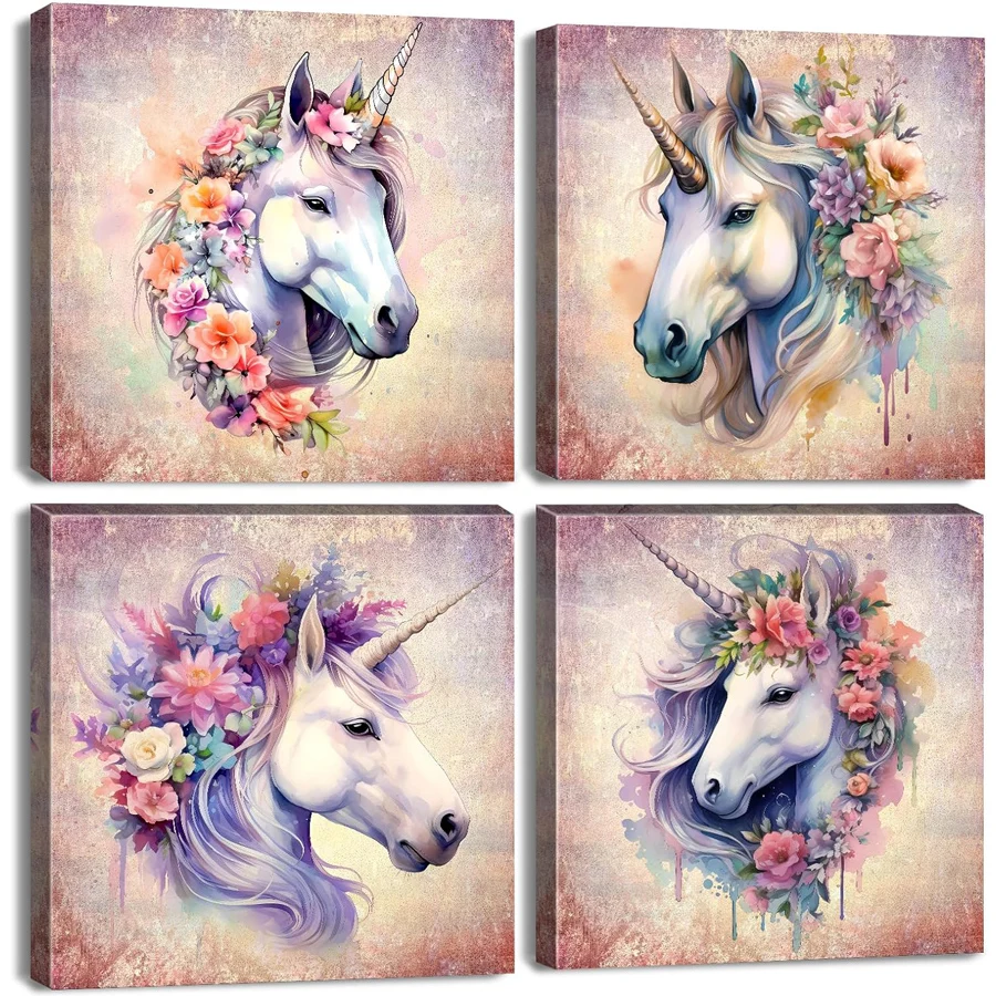 5D DIY diamond embroidery flower Watercolor Unicorn Retro Unicorn Picture diamond painting Wall Decoration Girl Bedroom 4 pcs