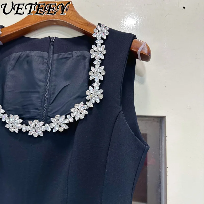 الفرنسية أنيقة ساحة طوق الصناعة الثقيلة مسمار الحفر سترة دون أكمام فستان صيف جديد عالية الخصر حفلة عيد ميلاد فساتين قصيرة