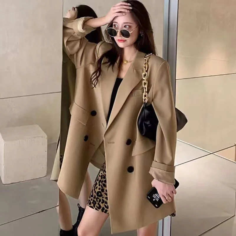 Chic Double Breasted Mid Length Blazers Women Fashion Loose Long Sleeve Suit Coats Woman Korean Lapel Office Jacket Female