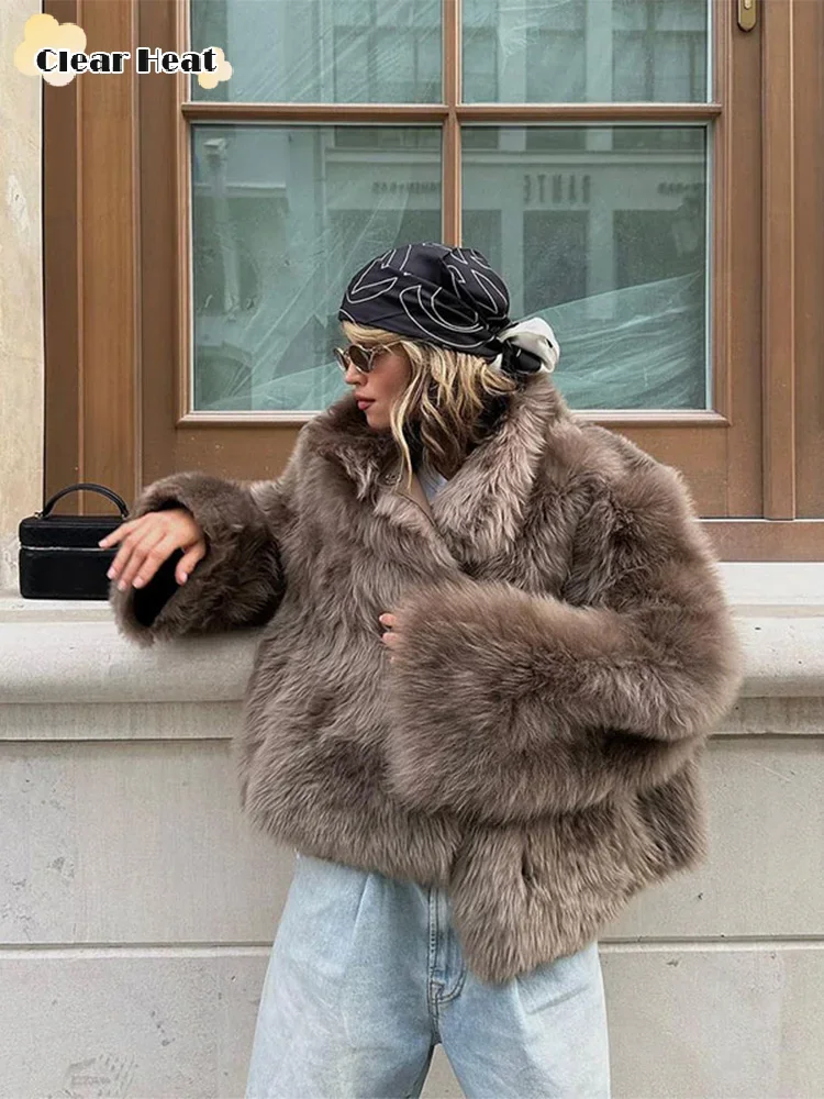 2024 Fall Winter Faux Fur Lapel Long Sleeves Furs Coat Casual Female Thicken Warm Coats New Chic Loose Commute Lady Outerwear