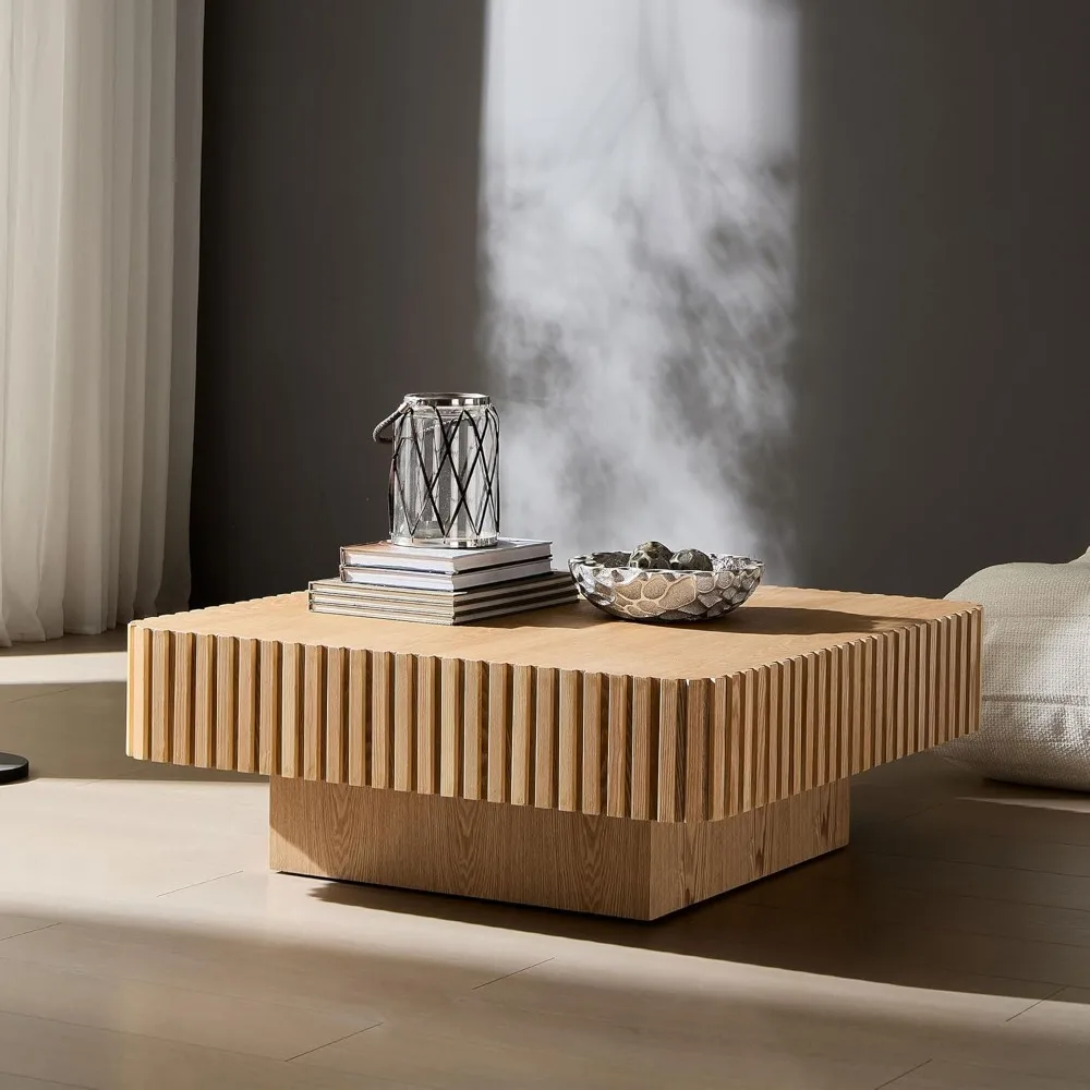 35-inch Mid-Century Modern Drum Coffee Table - Handcrafted Round Wood Center Table for Living Room and Home Office in Natural Fi