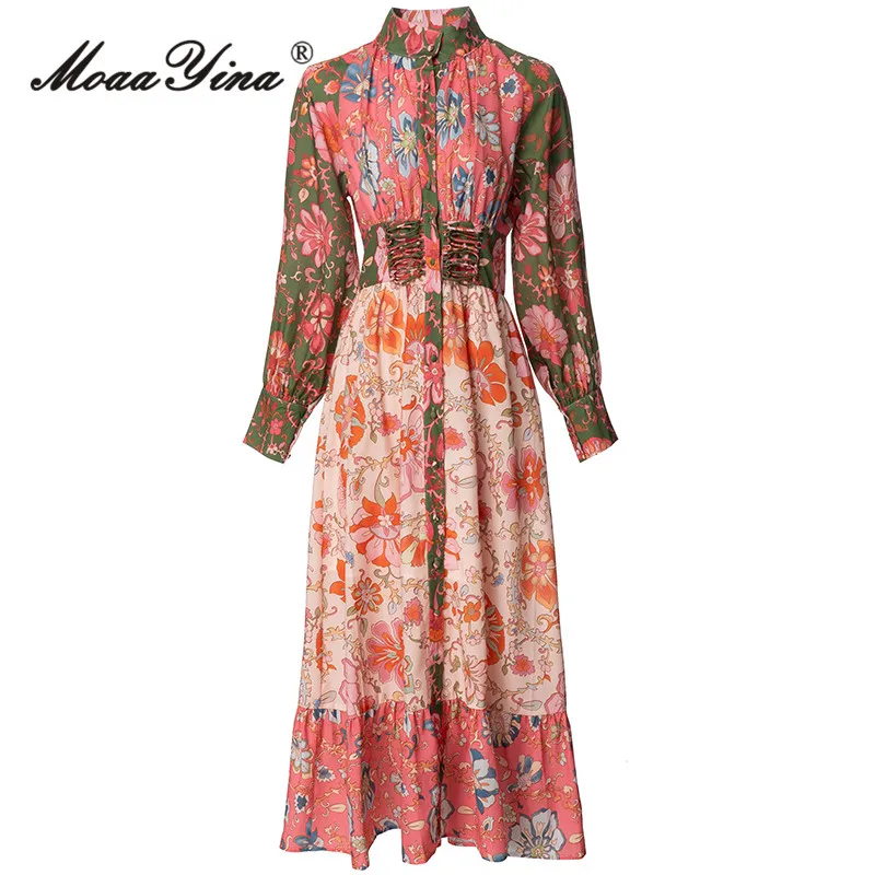 MoaaYina Autumn Fashion Designer Floral Print Vintage Dress Women's Lantern Sleeve Single Breasted Drawstring Slim Long Dresses