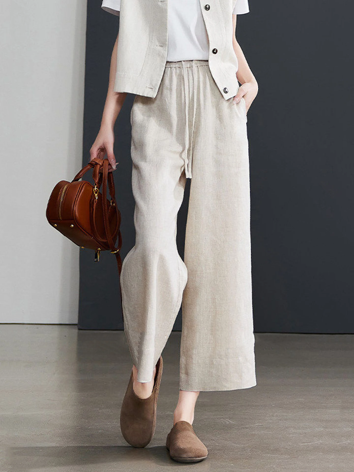Women's Linen Wide Leg Casual Pants Spring Summer New Elastic Waist Loose Slimming Versatile Comfortable Nine Point Pants