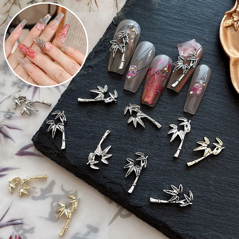 10Pcs 3D Ink Bamboo Alloy Nail Charms Metal Elegant Bamboo Design Jewelry Silver Nail Art Rhinestones DIY Nail Art Accessories