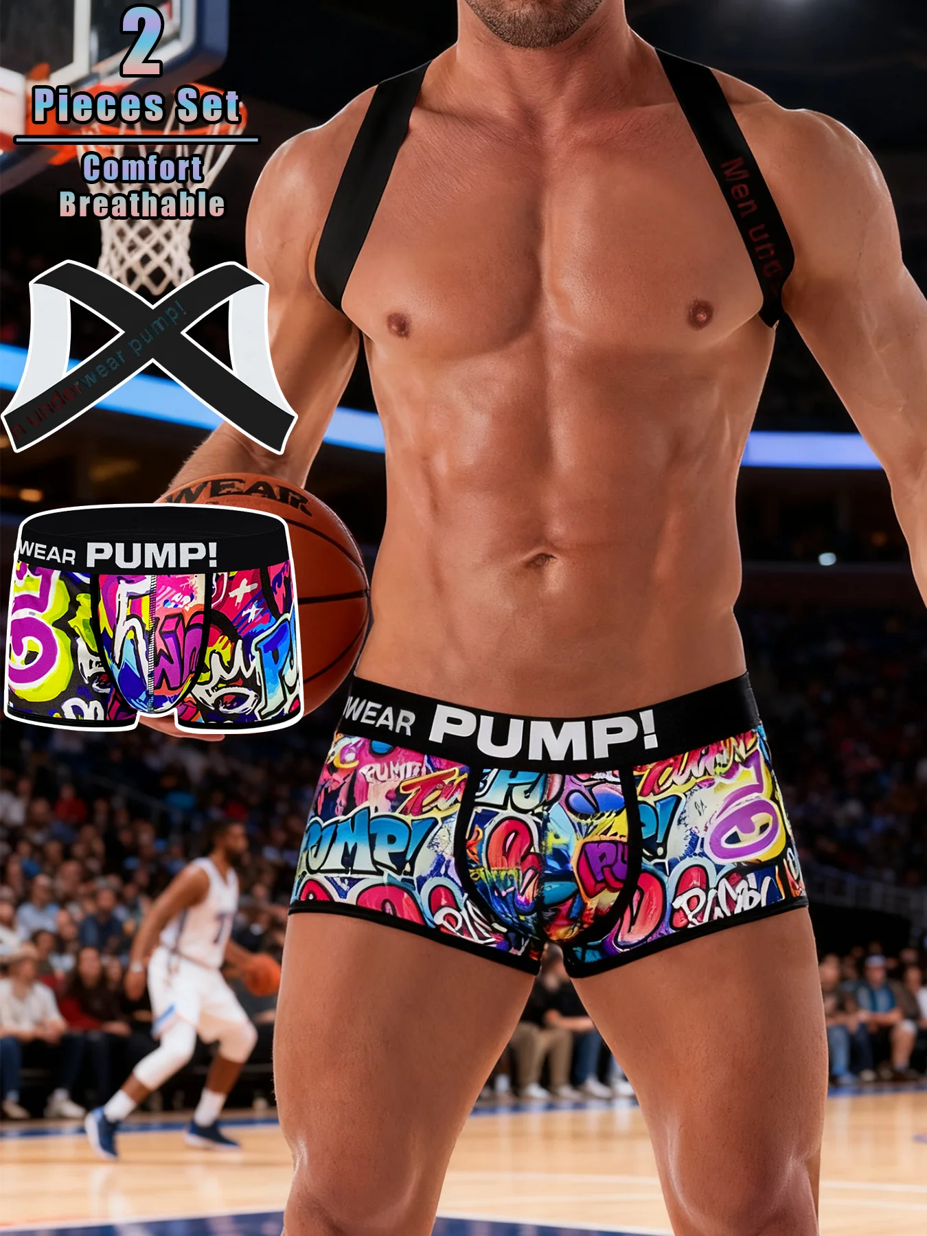 Men's 2-Piece Graffiti Print Boxer Brief & Shoulder Strap Set - 