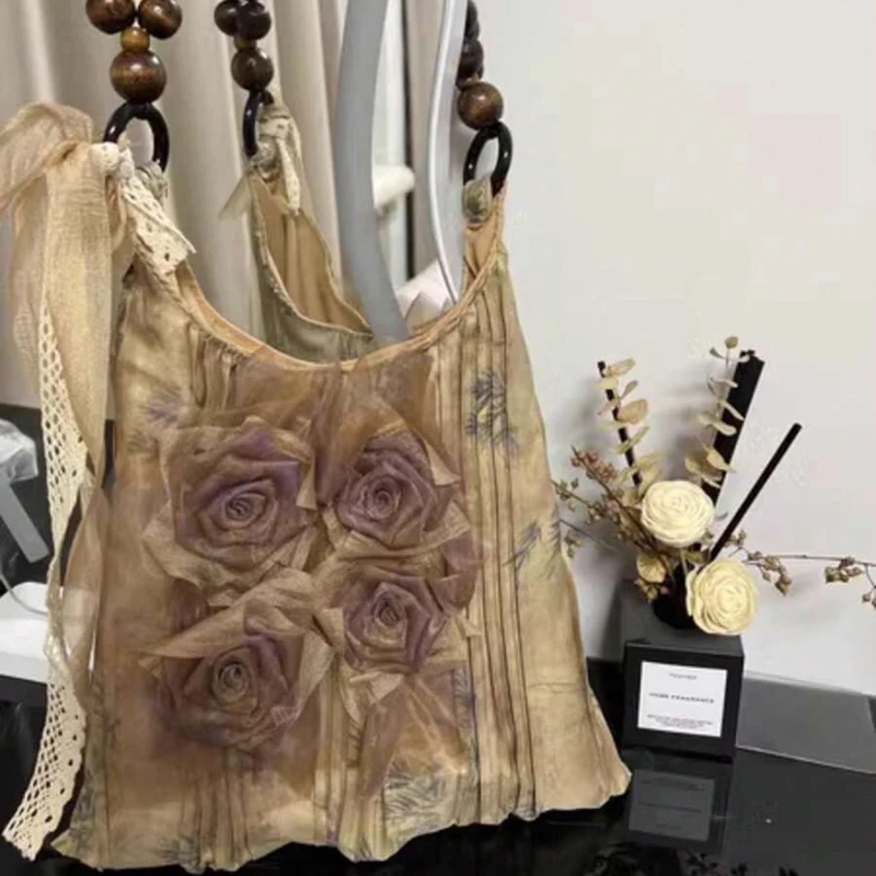 Valentine‑Ready Niche Retro Women Tote Handbag, Grass Tie‑Dye Rose‑Decor Pleated Underarm Shoulder Bag for Daily Commuting & Casual Outings