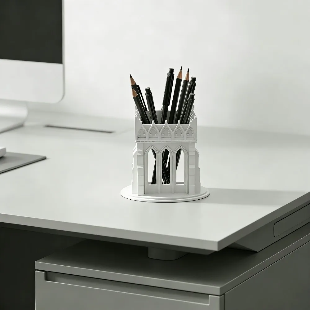 Retro Gothic Church-Style Pen Holder Vintage Delicate Desktop Ornament 3D Printed Large Capacity Storage Display Shelf