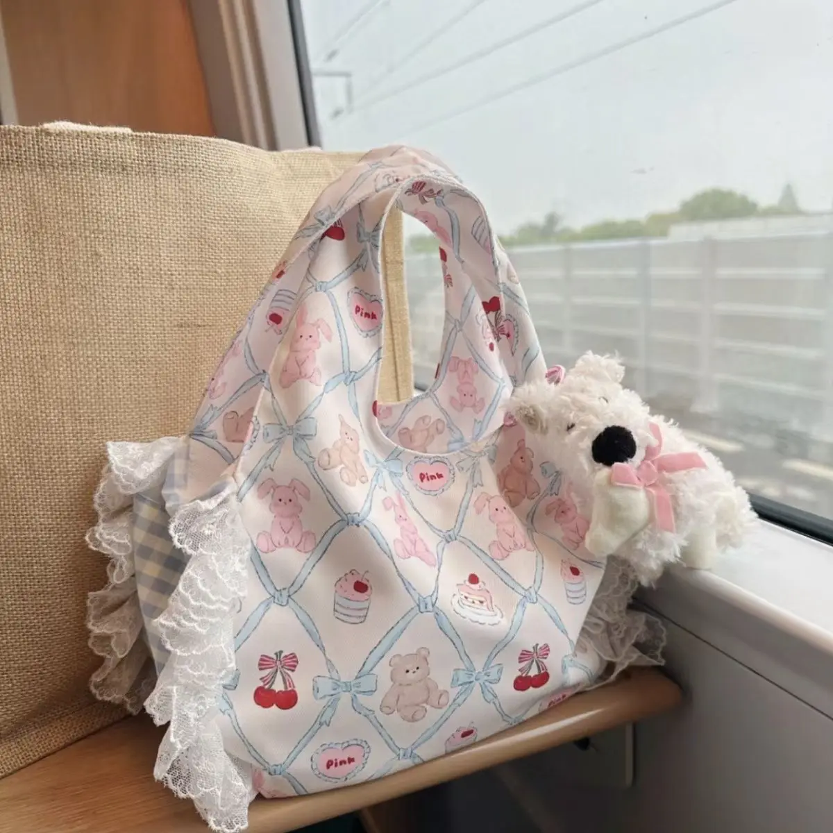 Original Design Lace Bag Super Cute Little Bear Ruffled Sail Bag Outdoor Shopping and Mountain Climbing Storage Bag Organizer