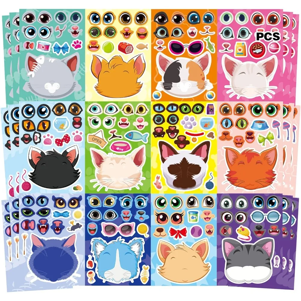 

36 Sheets Cat Make a Face Sticker Sheets for Kids Todder, Make Your Own Stickers with 12 Cat Face Designs for Kids Birthday Part