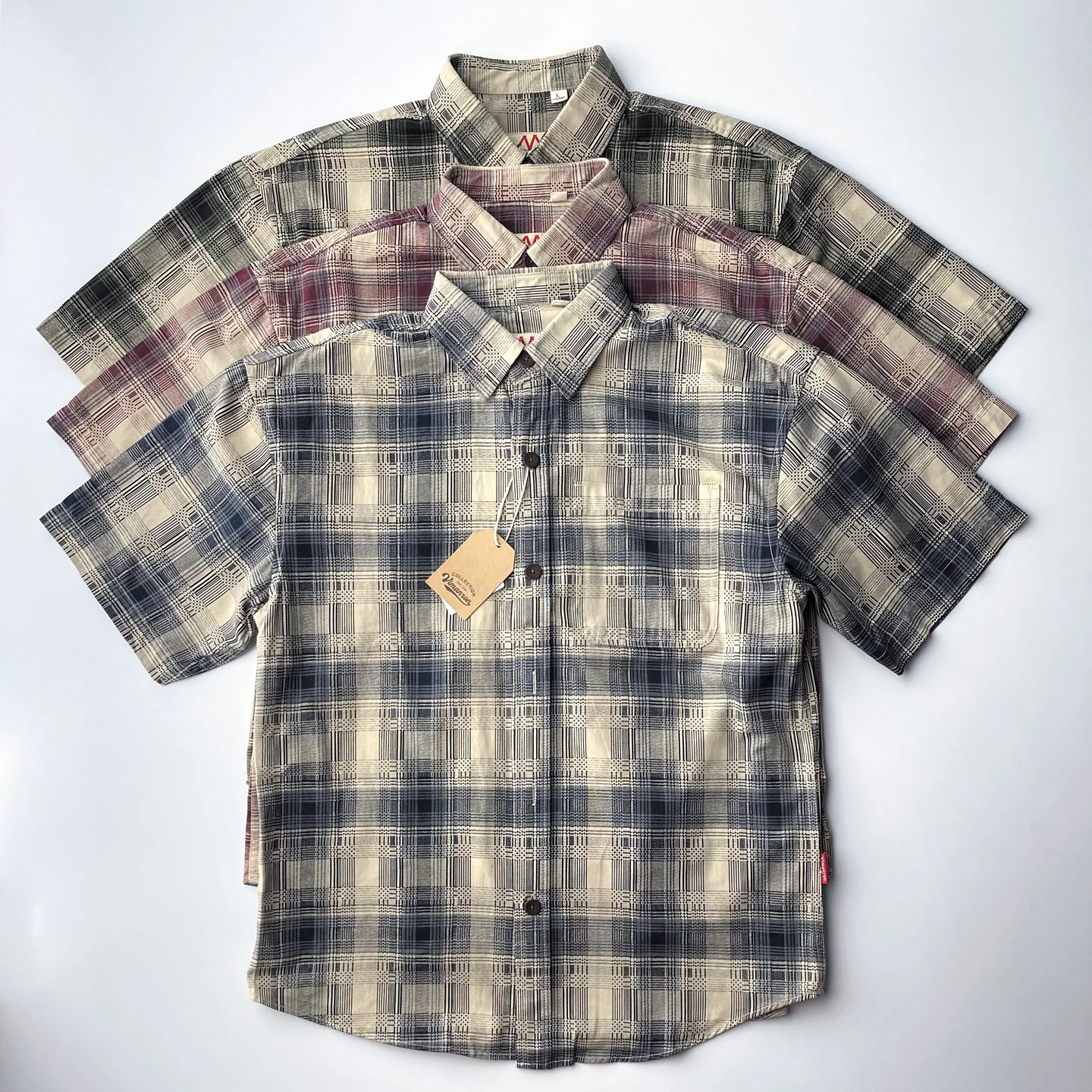 

2025 Summer New American Retro Short Sleeve Lapel Plaid Cargo Shirt Men's Simple 100% Cotton Washed Single Pocket Casual Blouses
