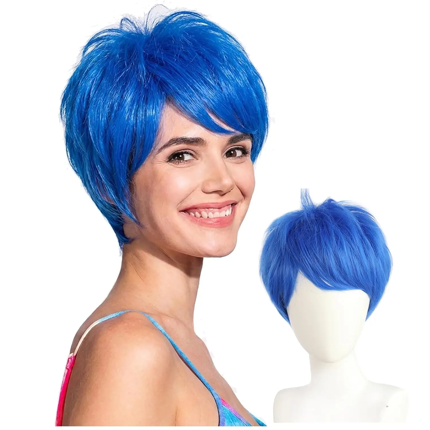 Blue Wig Short Layered Blue Wig Girls Blue Anime Wig Women Heat Resistant Synthetic carnival Music Festival Cosplay Costume Part