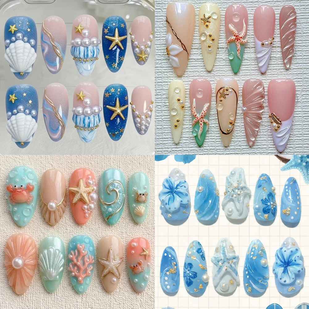

2026 Summer Blue Ocean Style Press On Nails 3D Flower Sea Star Shell Beach Pearl Design Fake Nails Beach Vacation Nails Gifts