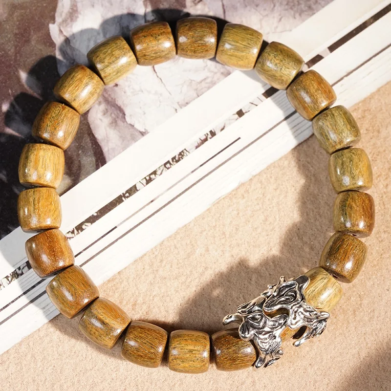 Green Sandalwood Single-Loop DIY Cultural Craft , Buddhist Bead , Unisex Pixiu Accessory, Gourd Wooden Bracelet,