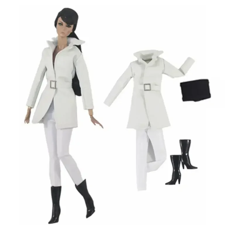 

White Leather Parka Pants 11.5" Doll Outfit Set for Barbie Clothes Long Coat Jacket Top Trousers Boots 1/6 BJD Accessories Toys