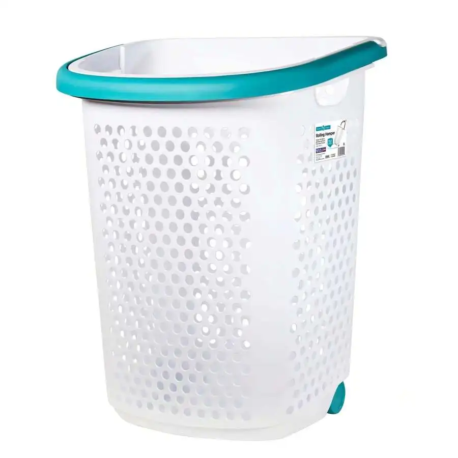 2 Bushel Rolling Plastic Laundry Hamper With-Up Handle, White, Adult