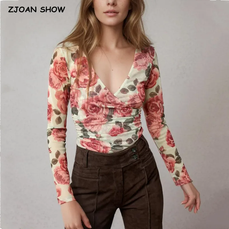 2024 Sexy Cross V neck Floral Print Full Sleeve Mesh T Shirt Women Slim T-shirt Tee Tank Tops