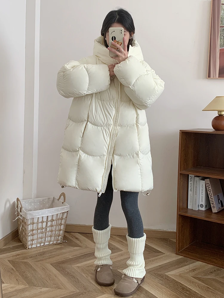 Winter Medium to Long Solid Hooded Down Jacket Women White Duck Down Parker Outwears Female Loose Thick Warm Quilted Jacket Coat