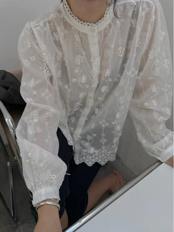Korean Style Lace Embroidery Bubble Sleeve Shirt Women's New Autumn Fashion Semi-Transparent Layering Top Cotton Polyester