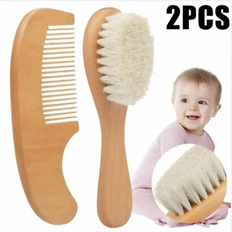 2PCS Newborn Wool Baby Wooden Brush Comb Newborn Hair Brush Infant Head Massager Portable Comb Hair Bath Brush Comb