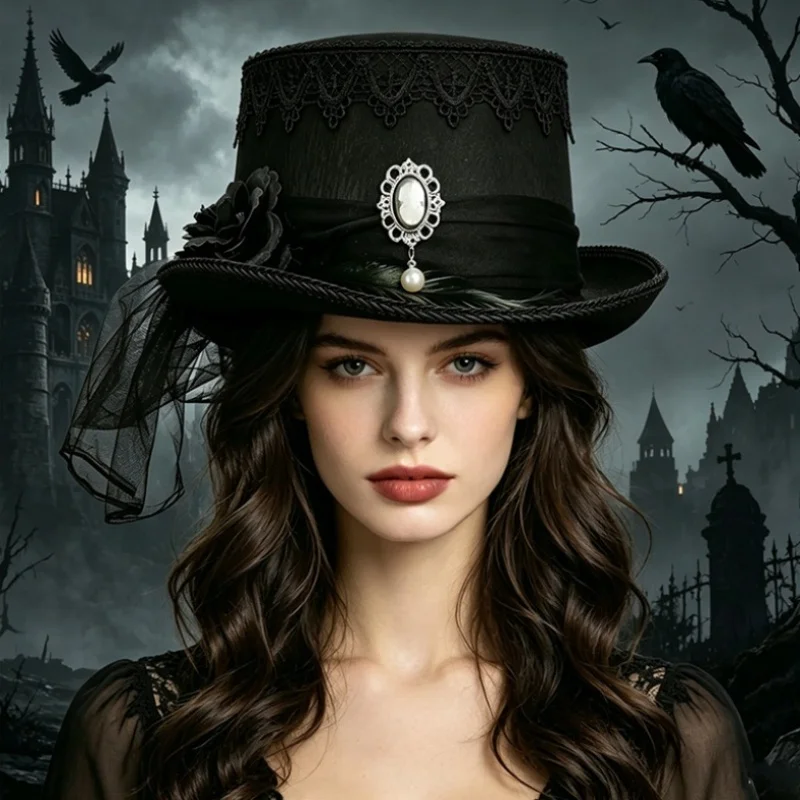 High Crowned Gothic Black Lace Top Hat Vintage Embossed Portrait Pearl Embellished Dark Themed Hat For Stage Cosplay Party