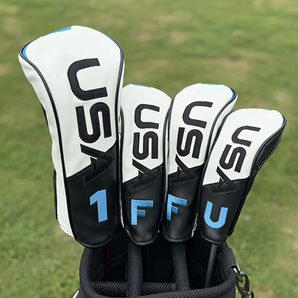 

Чехлы на голову клюшки для гольфа — прочный пыленепроницаемый материал, белый с синими акцентами и смелым дизайном USAX для гибриды, водителя, дерева Fairway
