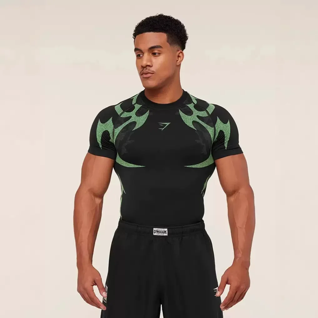 GYMSHARK Men's Tight T-shirt Fitness Quick drying Elastic Round Neck Short Sleeve Cycling Training Compression T-shirt