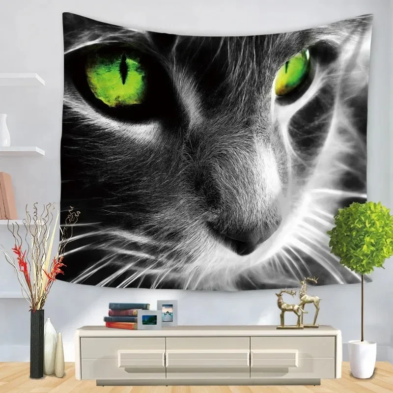 1pc,150cmx130cm Green Eyed Kitty Printed Tapestry Wall Hanging Tapestry Tablecloth Dustproof Cover